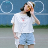 蜜妃儿女装夏装2016新款韩版短款字母印花宽松短袖t恤女拼色圆领