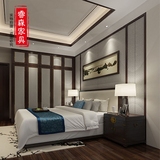 新中式双人床 样板房床水曲柳实木床 酒店宾馆布艺床 现代简约床