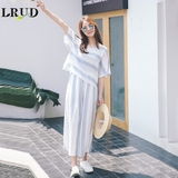 LRUD2016夏季韩版宽松V领条纹上衣女休闲阔腿裤套装显瘦两件套