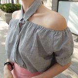 韩国东大门代购衬衫2016夏季新款韩版一字领露肩条纹棉麻衬衣女