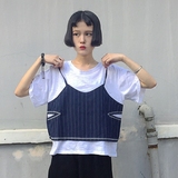 韩国ulzzang原宿bf风竖条纹吊带假两件宽松短款t恤女短袖学生夏潮