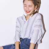夏装新款2016韩国ulzzang学院风休闲百搭V领方块图案五分袖衬衫女