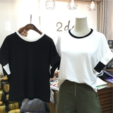 韩国东大门2016夏装新款2day韩范白色短袖上衣宽松圆领撞色T恤衫