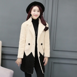 2015冬装新款 韩版中长款拼接加厚仿羊羔毛毛呢外套女呢大衣