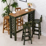 地中海实木吧台桌椅组合咖啡奶茶店酒吧桌椅复古做旧餐桌家用吧台