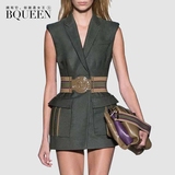 Bqueen2016夏季新款欧美西装领无袖时尚气质收腰马甲式连衣裙女装