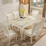 欧式餐桌大理石实木餐桌椅组合伸缩6人圆形饭桌带转盘雕花西餐桌