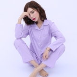 2016年品牌睡衣女夏春秋季纯棉长袖纯色紫色高档款薄款家居服套装
