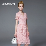 ZIMMUR2016夏季新款女装V领短袖时尚修身显瘦粉色蕾丝连衣裙中裙