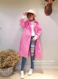 韩国进口代购2016春款女装b with u漂亮粉色中长款双排扣修身风衣