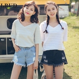 LRUD2016夏季新款韩版V领条纹简约短袖T恤女宽松休闲纯色开叉T恤
