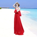 吊带露肩海边沙滩裙夏女神雪纺荷叶边波西米亚长裙度假连衣裙大红