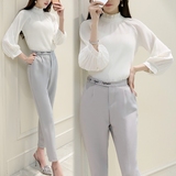 2016春装新款两件套女装韩版气质褶皱雪纺衫阔腿裤时尚套装女 潮