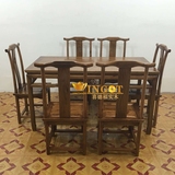 简约实木雕花餐桌椅组合 中式复古大小户型榆木餐桌6人长方形饭桌
