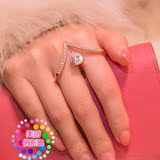 2016最新韩版双指戒指玫瑰金心型款梨形水钻新娘时尚指环系列饰品