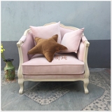 现货美式乡村粉色布艺单人沙发欧式法式实木做旧白色公主椅休闲椅