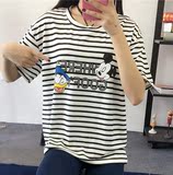 韩版女士大码蝙蝠袖打底衫中长款宽松条纹圆领卡通米奇短袖t恤衫