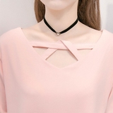 夏季性感领口镂空短袖t恤女韩国sz学生纯色简约显瘦雪纺打底衫潮