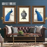 蓝孔雀装饰画欧式客厅三联画沙发背景玄关样板房复古壁画美式挂画