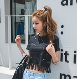 韩版短款流苏上衣显瘦半袖体恤高腰紧身露脐装短袖t恤2016女夏装