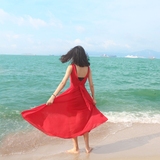 2016夏季韩版露背连衣裙红色无袖背心裙性感修身显瘦长裙v领裙