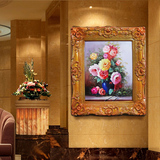 欧式客厅挂画玄关抽象装饰画餐厅壁画纯手绘古典花卉油画牡丹竖版