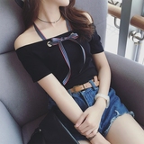 韩国夏季紧身大领口短袖t恤女一字领上衣百搭修身显瘦露肩体恤潮