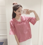 2016夏季新款韩版百搭V领短款娃娃衫宽松喇叭袖格子衬衫 女士上衣