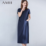 Amii2016夏装新款 艾米女装旗舰店V领中长款宽松短袖大码连衣裙