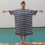 韩国代购黑白拼色格子纹彩色流苏毛球大码宽松bf风长款连衣裙夏季