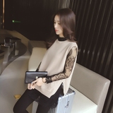 小谷粒春装新款2016韩版修身 中长款蕾丝衫针织打底两件套女C069