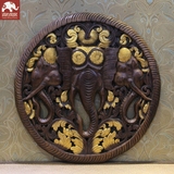 泰国实木雕花板东南亚风格手工镂空木雕招财象头浮雕画客厅壁饰