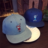 韩国代购牛仔布卡通小人嘻哈帽棒球帽子青年男女春夏天遮阳平沿帽