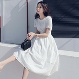 安都2016春装新款白色蕾丝连衣裙女韩版短袖中长款高腰收腰裙