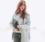 2015韩版秋冬甜美钉珠针织开衫加厚保暖兔毛中长款女式毛衣外套潮