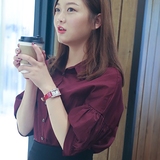 2016夏季 韩版酒红色灯笼中袖 短款宽松复古翻领衬衫 女士上衣