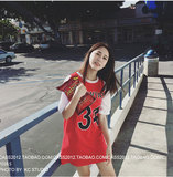 韩版夏季女装撞色拼接字母印花宽松短袖中长款运动球服t恤连衣裙