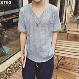 iFashion ST90夏季中国风亚麻短袖t恤男鸡心领半袖青年大码潮男装