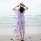 女神范飘逸仙及地长裙~紫色荷叶边雪纺连衣裙中长款夏季沙滩裙