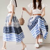 韩国夏季镂空雪纺纱印花半身裙长裙女修身显瘦两件套连衣裙套装裙
