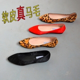 红色马毛羊皮平底单鞋黑色豹纹尖头舒适平跟女鞋防滑牛筋底手工鞋