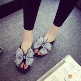 2016夏季韩版新款平底凉鞋女蝴蝶结沙滩花朵人字拖鞋防滑坡跟女鞋