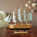 创意摆件实木地中海帆船模型一帆风顺手工船装饰摆设电视柜仿真船