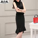 2016夏装新款韩版修身中长款性感无袖包臀荷叶边黑色鱼尾连衣裙女