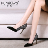 kumikiwa新款欧美黑色性感羊皮高跟鞋细跟尖头套脚单鞋一脚蹬女鞋
