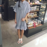 DUTE 韩国订单甜美条纹系带荷叶边荷叶袖连衣裙女韩风  E31