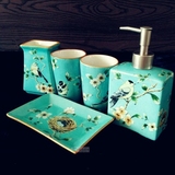 美式复古深蓝陶瓷卫浴五件套田园花鸟套件漱口杯牙具套装欧式现代