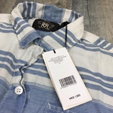 全新现货RRL条纹复古水洗棉麻修身短袖衬衫