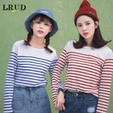 LRUD2016秋季新款韩版圆领海军风条纹长袖T恤女宽松显瘦打底衫