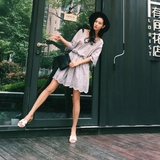 2016年韩国夏季新款 大V领收腰刺绣蕾丝 中袖镂空棉麻连衣裙女